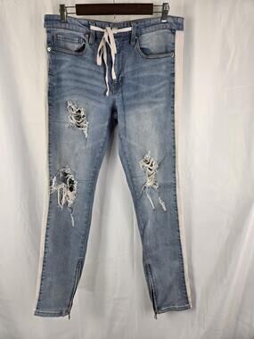 NOVA MEN Jeans Mens 33x31 Blue Distressed Stripe Skinny Zip Ankle Drawstring